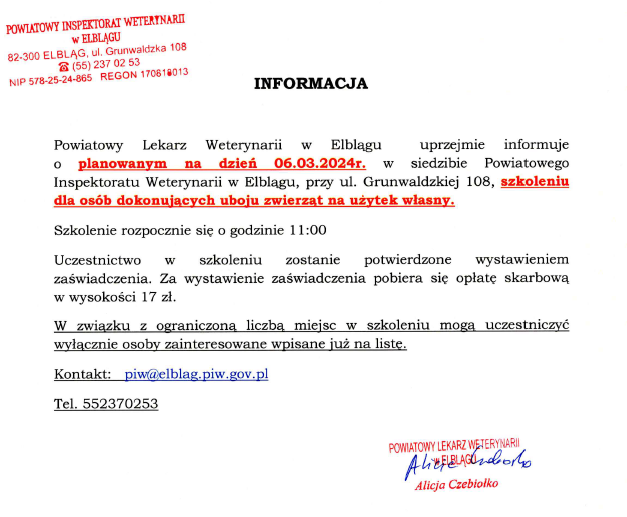 6.03.2024 - Szkolenie dla osób dokonujących uboju zwierząt na użytek własny