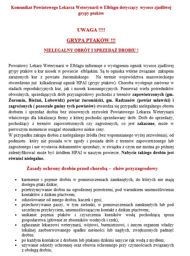 Komunikat Powiatowego Lekarza Weterynarii dotyczący grypy ptaków - nielegalny obrót i sprzedaż drobiu! - ulotka