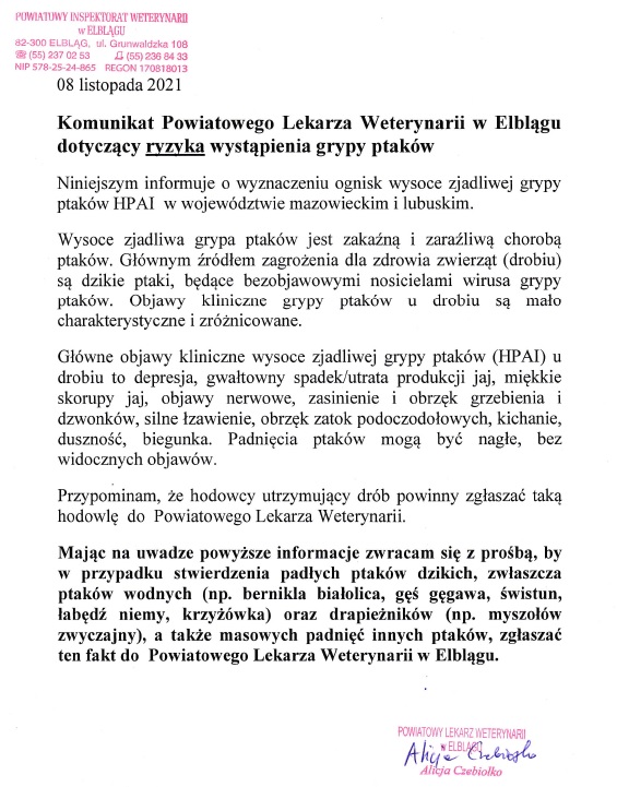 Komunikat dotyczący ryzyka wystąpienia grypy ptaków - dokument