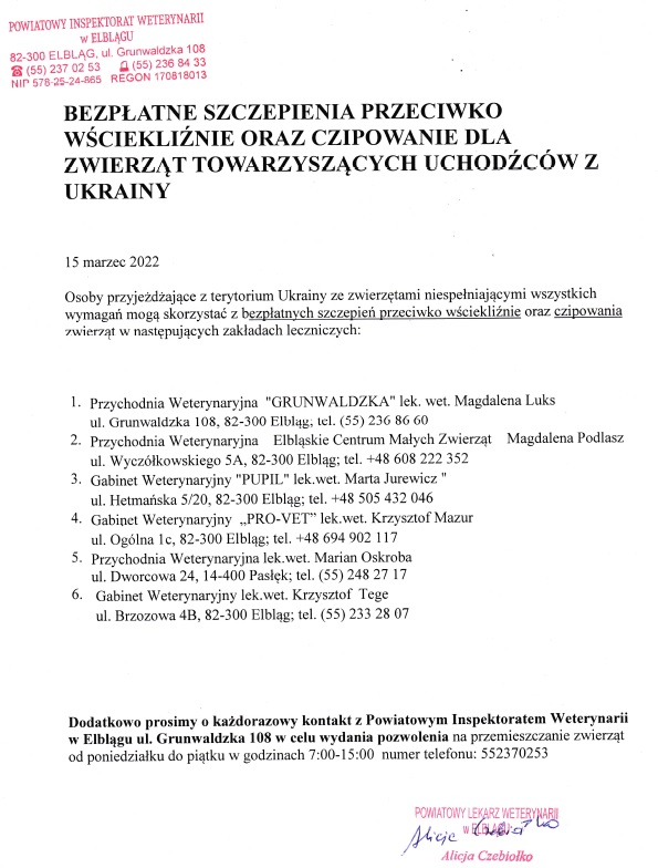 Bezpłatne szczepienia przeciwko wściekliźnie oraz czipowanie dla zwierząt towarzyszących uchodźców z Ukrainy dokument