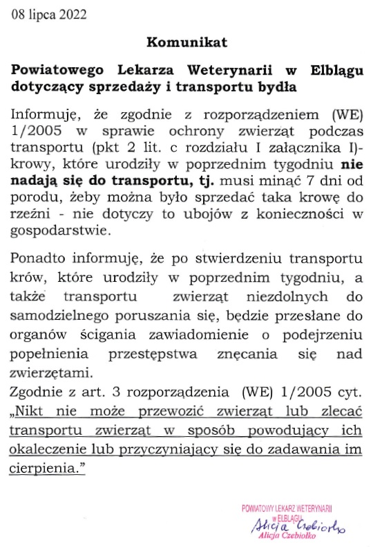 Komunikat dotyczący sprzedaży i transportu bydła - dokument