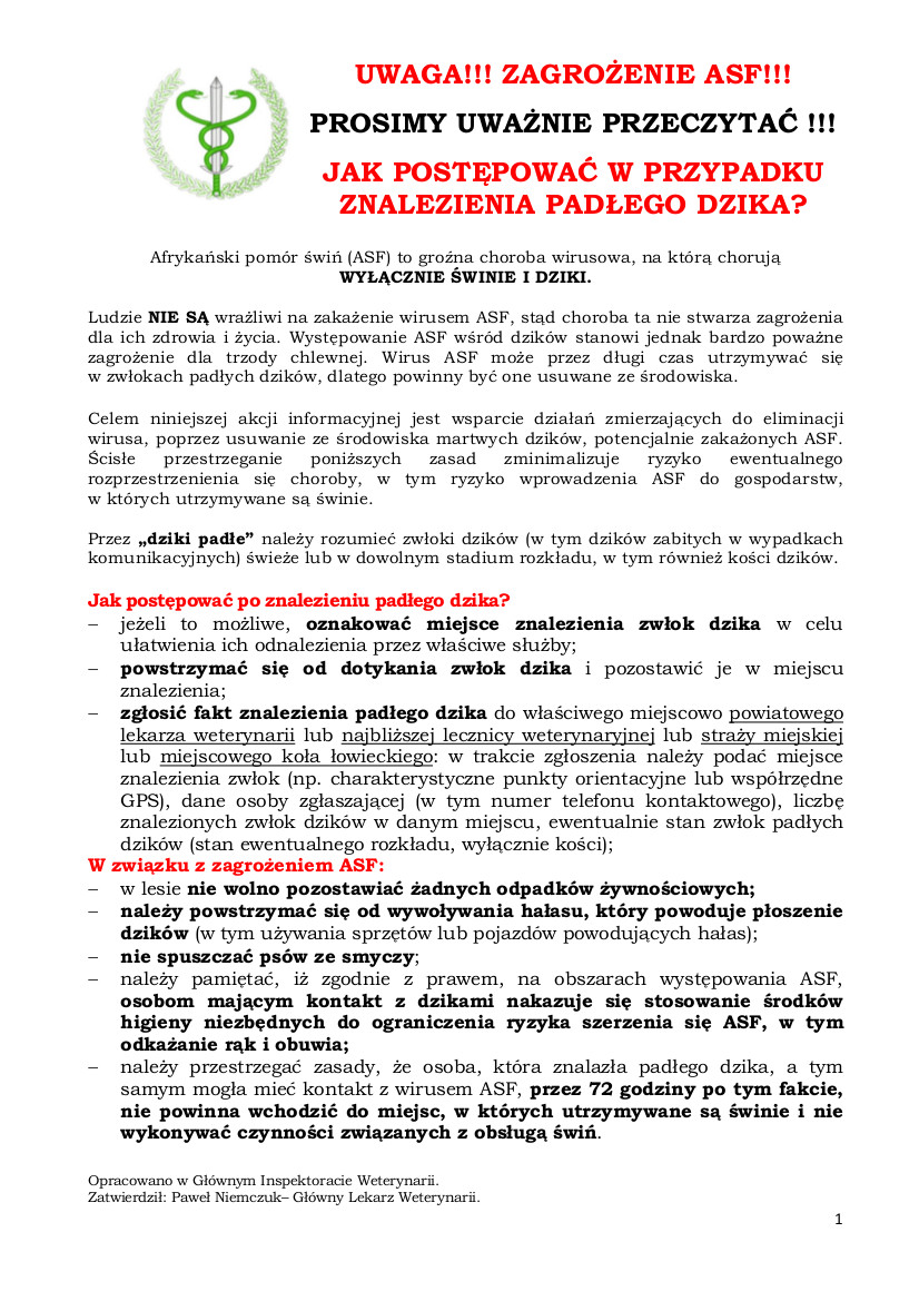 Ulotka- jak postępować w przypadku znalezienia padłego dzika