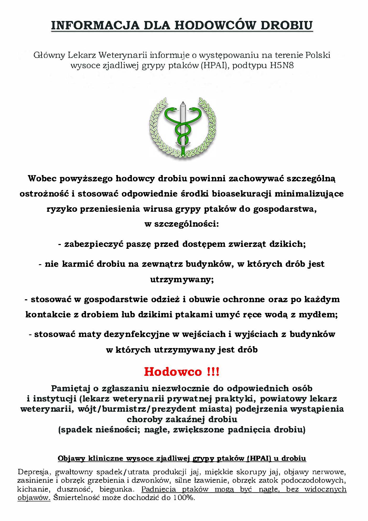 Ulotka - informacje dla hodowców drobiu